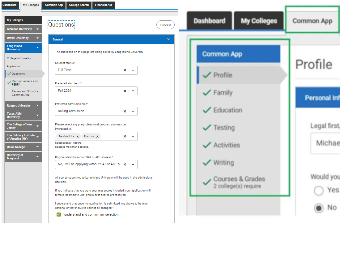 Common App college-specific questions page—easy to make irreversible mistakes